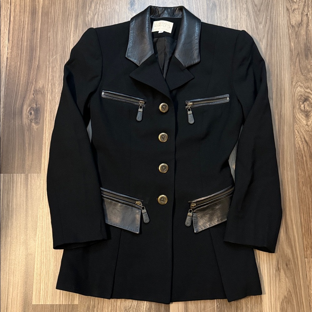 Alberto Makali Vtg Wool Leather Brasstone Buttons Lined Pockets Black Jacket 4